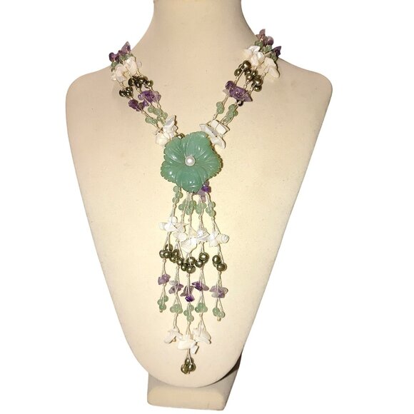 Vintage Floral Flower Necklace Gemstone MOP Shell Aventurine Pearl Amethyst - Picture 1 of 16